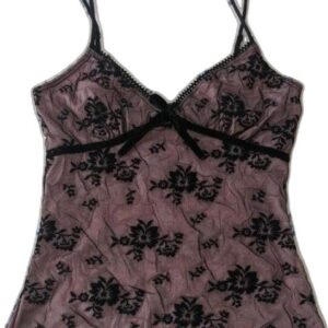 Purple lace tank top decorated with a black velvet flower print.