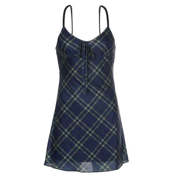 Sheer mini dress decorated in a green and blue plaid pattern.