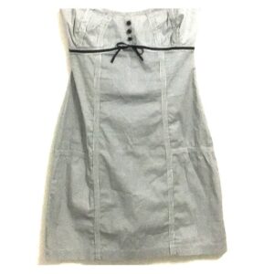 white strapless dress decorated with blue buttons and ribbon