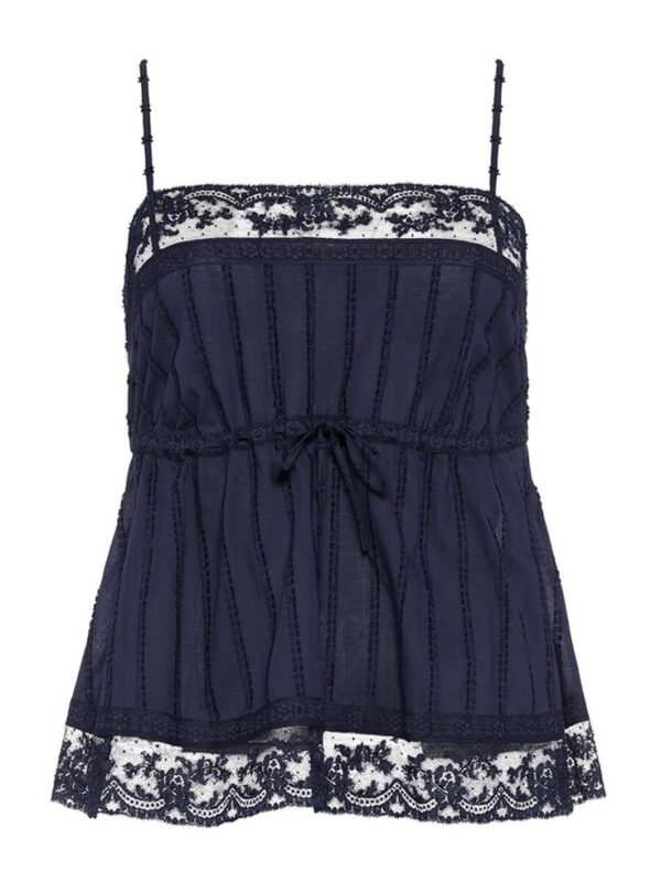 blue lace camisole blouse with a lace trim