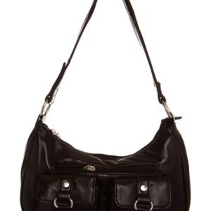 black shoulder bag decorated with o-rings in silver hardware.