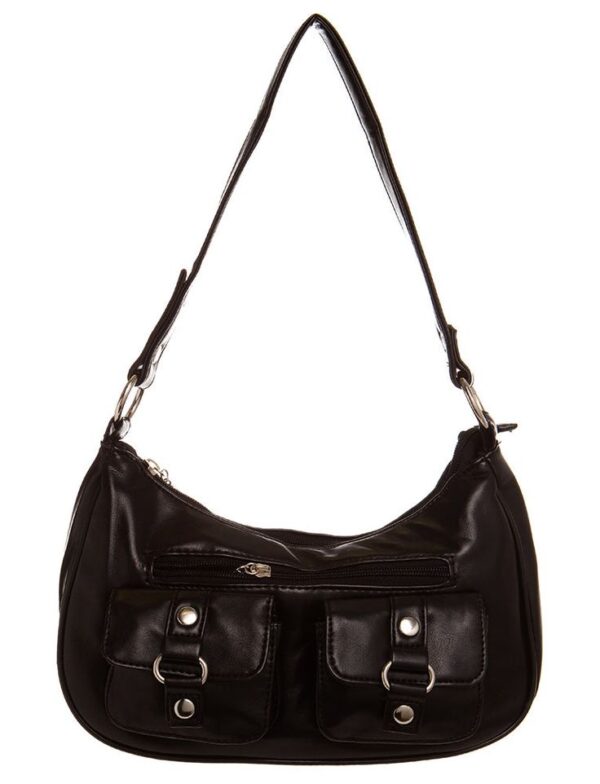 black shoulder bag decorated with o-rings in silver hardware.